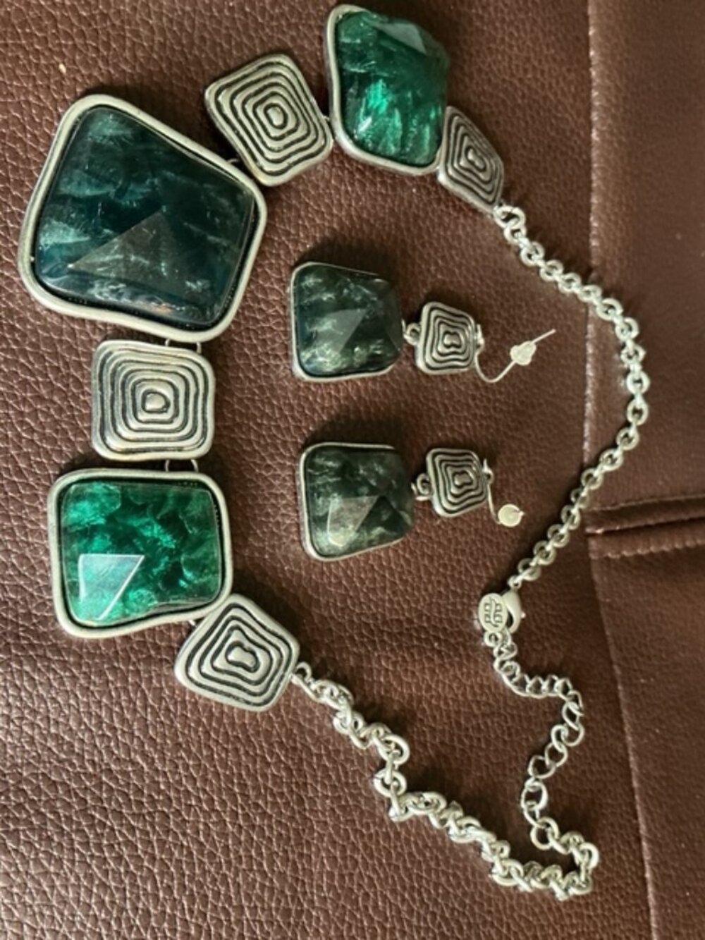 Vintage Chico's Faux Malachite Matching Collar Necklace & Drop Earrings Set